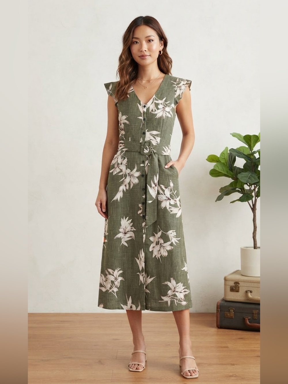 RW&CO. Linen Blend Olive Green Floral Belted Maxi Dress with White Print Size 0
